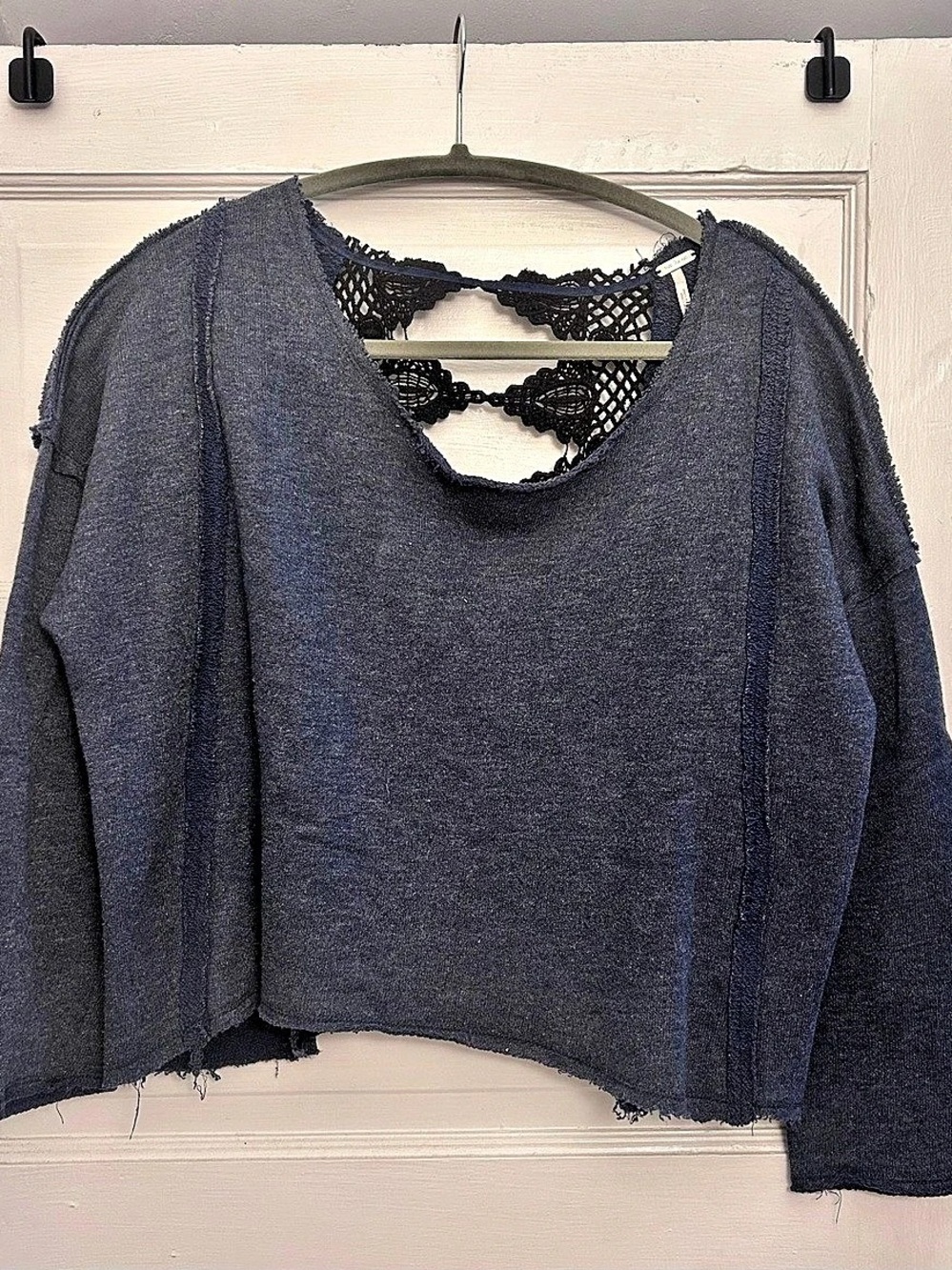 FREE PEOPLE •  Rae Crochet Sweatshirt Blue & Black XS
